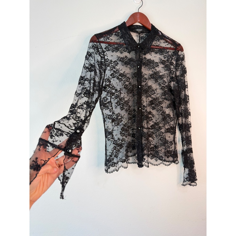 Vintage Y2K Karen Kane Black Floral Lace Top Women Large Whimsigoth Fairy Grunge - Picture 3 of 8